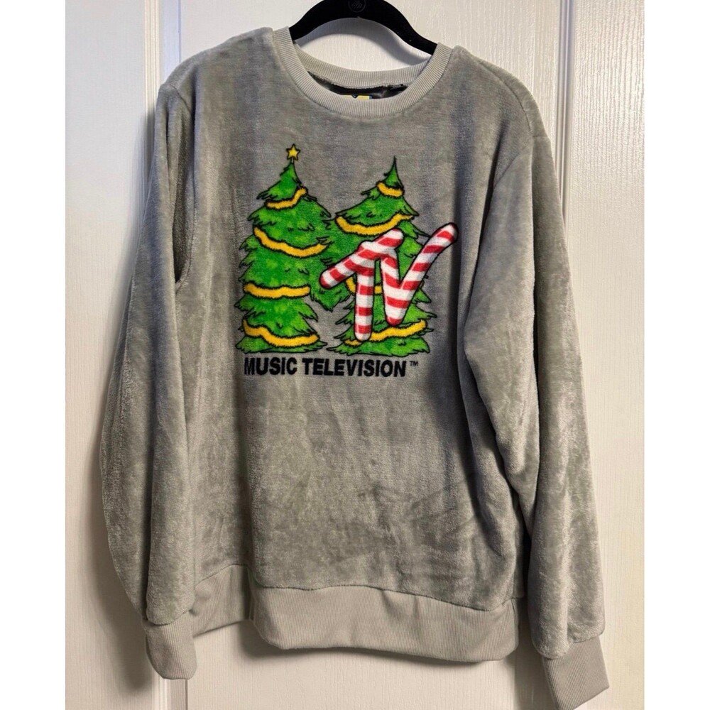 NEW MTV Christmas Crewneck Butter Soft Fuzzy Pullover Jersey Size Large